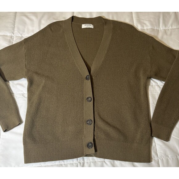 Zenana Women's Olive Button Front Grandpa Boyfriend Cardigan Size L Long Sleeve - Picture 1 of 13